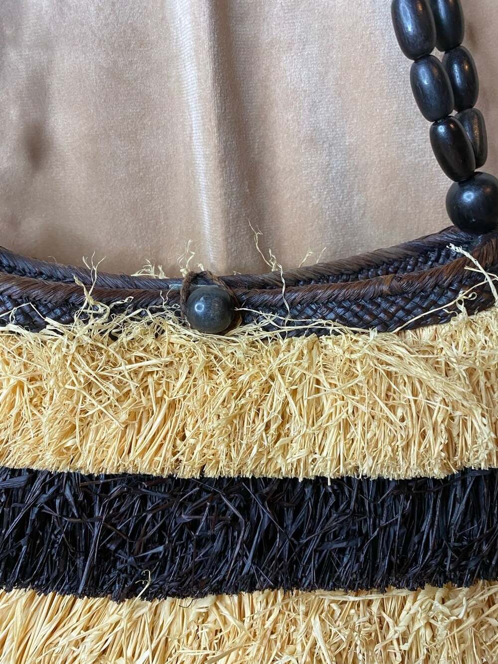 Boho Vacation Resort Woven Straw Clutch with Fringe and Beaded Handle - Picture 3 of 7
